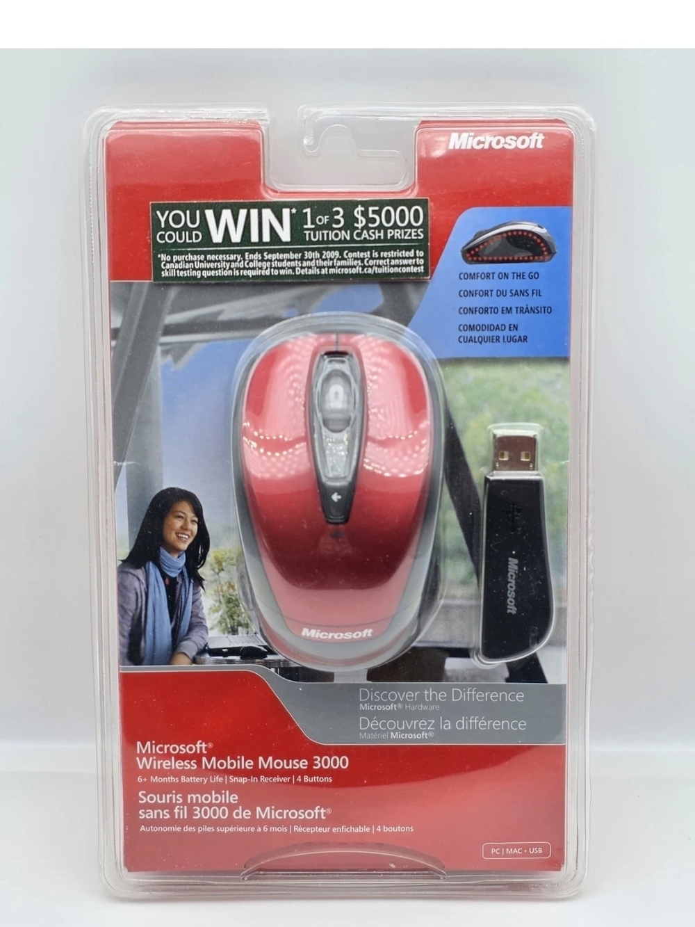 Microsoft Wireless Mobile Mouse 3000 Model 1359 MAC OS/PC Windows Red NEW
